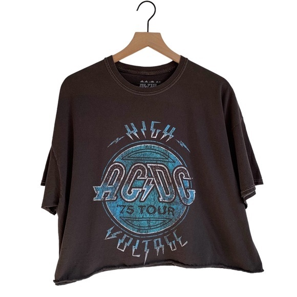 AC/DC Officially Licensed Distressed Gray “High Voltage” Graphic Crop T-Shirt - Picture 2 of 5